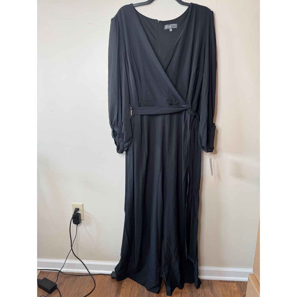 Donna Ricco Womens Black V-Neck Long Sleeve Wide Leg Jumpsuit